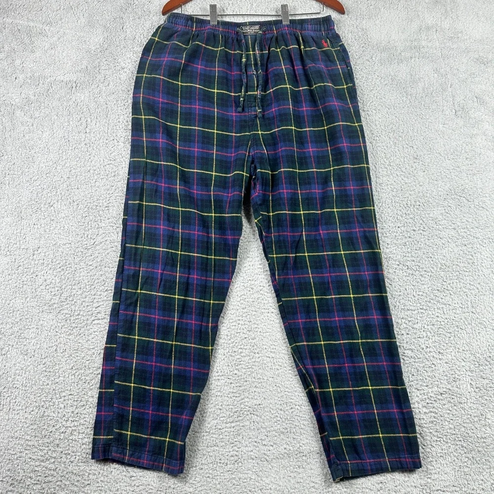 Polo Ralph Lauren Plaid Pajama Pants‎ Mens Large Blue Green Flannel Drawstring